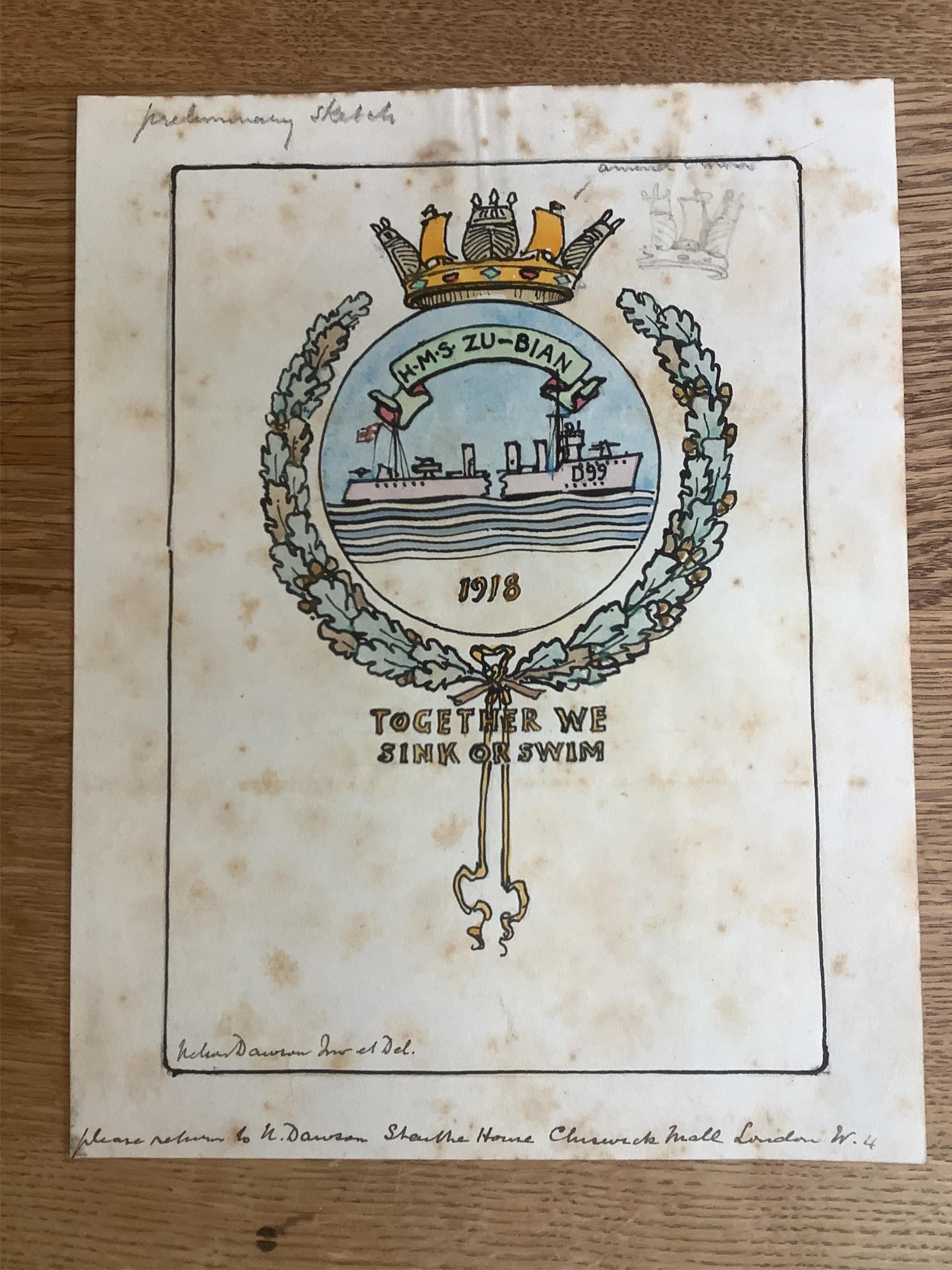 Nelson Dawson (1859-1941), original design for the Ships badge for HMS Zubian, signed and inscribed, a hand coloured example of the etching derived from it and a commemorative etching for Capt Neville, 3rd Dragoon Guards